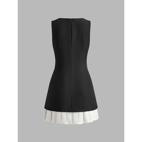 Commense Sleeveless Mini Dress Black White Pleated Skirt Party Cocktail Dress - Picture 5 of 5